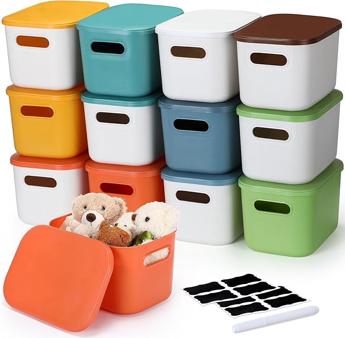 Thyle 12 Pack 7 Quarts Plastic Storage Bins Stackable Baskets with Lid and Handle with Label Colorful Desktop Box Toy Containers for Classroom Shelf Bedroom 10 x 7 x 6 Inch (Stylish Color)