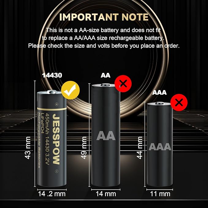 14430 3.2 Volt Rechargeable Solar Battery with Charger JESSPOW Rechargeable LiFePo4 Batteries [ 450mAh 3.2V 8Pack ] for Outdoor Garden Light Solar Panel Light Shaver Flashlight (NOT AA Battery)