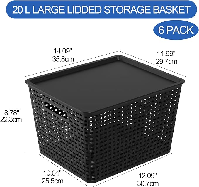 Large Plastic Storage Baskets with Lids Stackable Storage Bin Basket for Organizing Shelves Closet Pantry 14.09 x 11.69 x 8.78 6 Pack Black