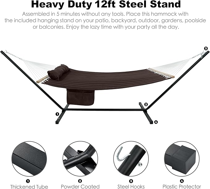 GAFETE 2 Person Hammock with Stand for Outside Heavy Duty Steel Stand Double 55inch Hammocks Large Removable Pillow Storage Bags Max 475 lbs Capacity (Brown)