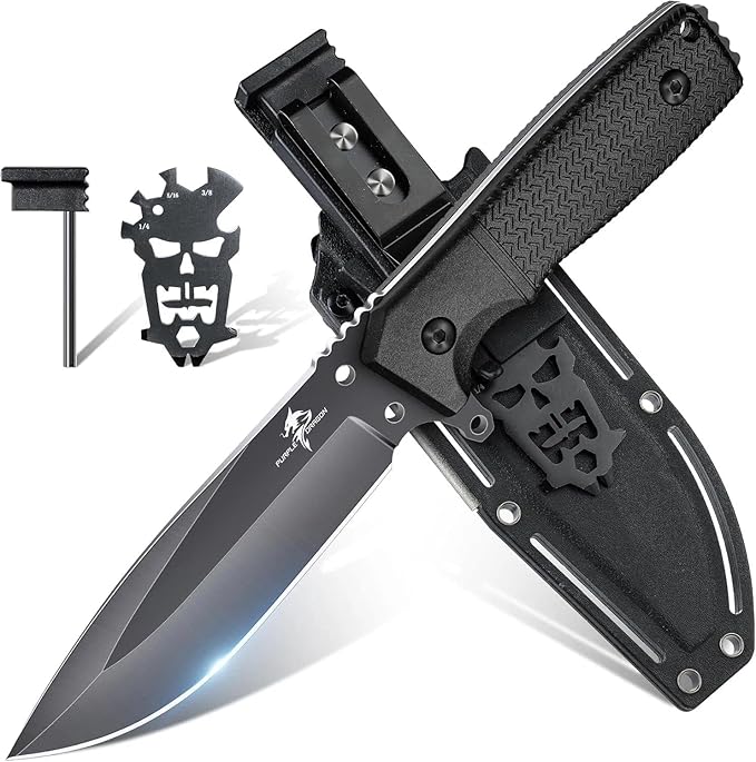 Purple Dragon Fixed Blade Knife with Kydex Sheath Black Outdoor Knives for Camping with Ergonomic Handle Durable Kydex Sheath Gifts for Men