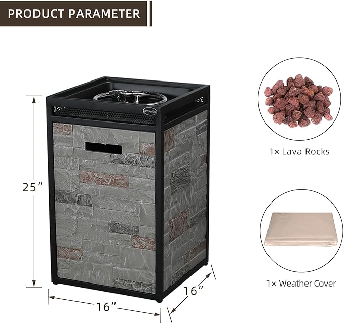Afterglow Terrafab Grey Panels with Steel Frame 16 Square 40000 Btu Propane Fire Column Outdoor Wood Effect Fire Pit for Outdoor Patio Garden Backyard Decking Decor CSA Certificated