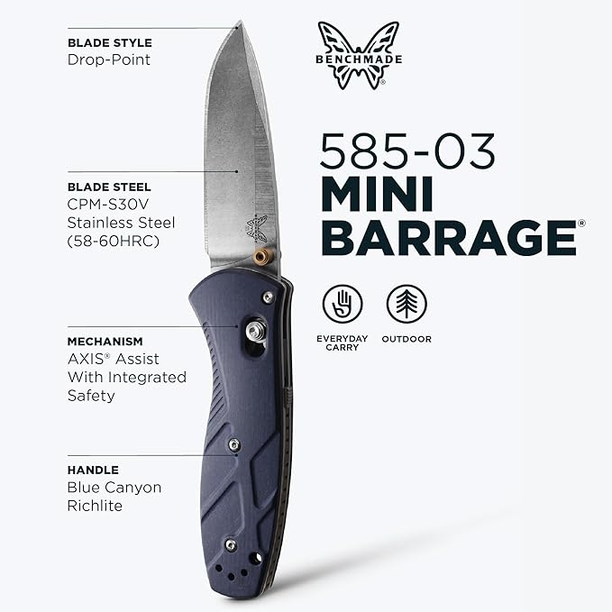 Benchmade - Mini Barrage 585 EDC Knife Drop-Point Blade Blue Canyon Richlite Handle (585-03)