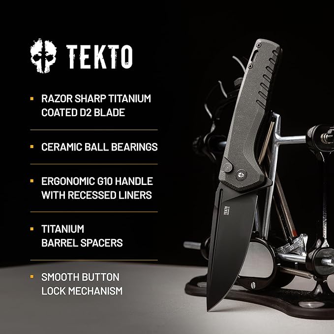 TEKTO F3 Charlie Button Lock Folding Knife Oversized Fine Edge Blade - Easy Open Pocket Knife with Titanium Coated D2 Steel &amp Black Titanium Barrel Spacers