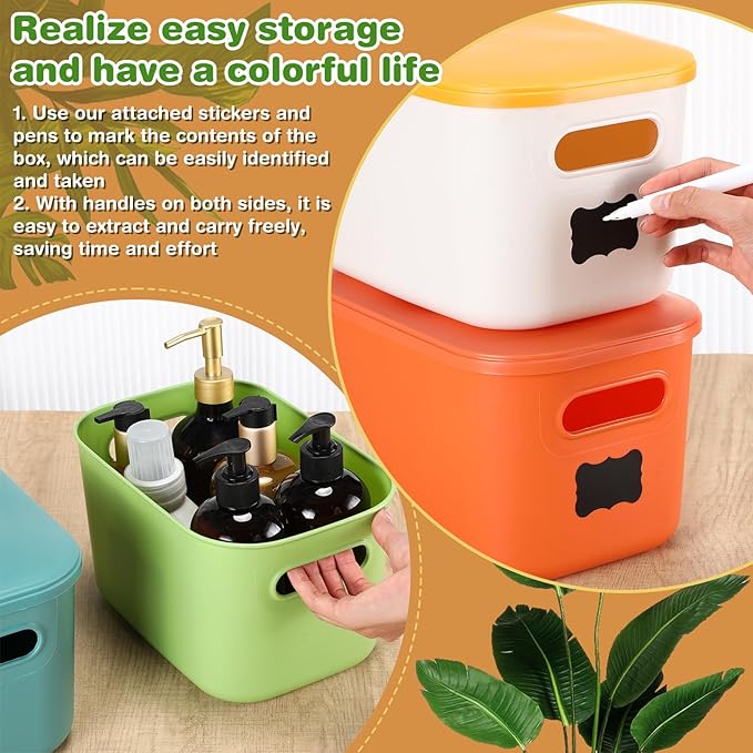 Thyle 12 Pack 7 Quarts Plastic Storage Bins Stackable Baskets with Lid and Handle with Label Colorful Desktop Box Toy Containers for Classroom Shelf Bedroom 10 x 7 x 6 Inch (Stylish Color)
