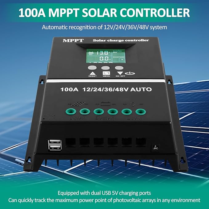 50A-100A Solar Charge Controller 100A MPPT LCD Display Solar Battery Regulator 12/24/36/48V Intelligent Solar Panel Regulator with Double USB Charging Port 7 Modes for Charging