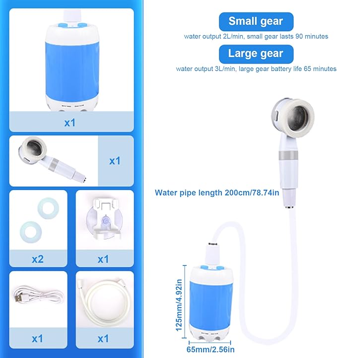 Portable Camping Shower 2 Levels Electric USB Portable Shower Waterproof Outdoor for Camping Hiking Travel Car Washing Pet Cleaning USB