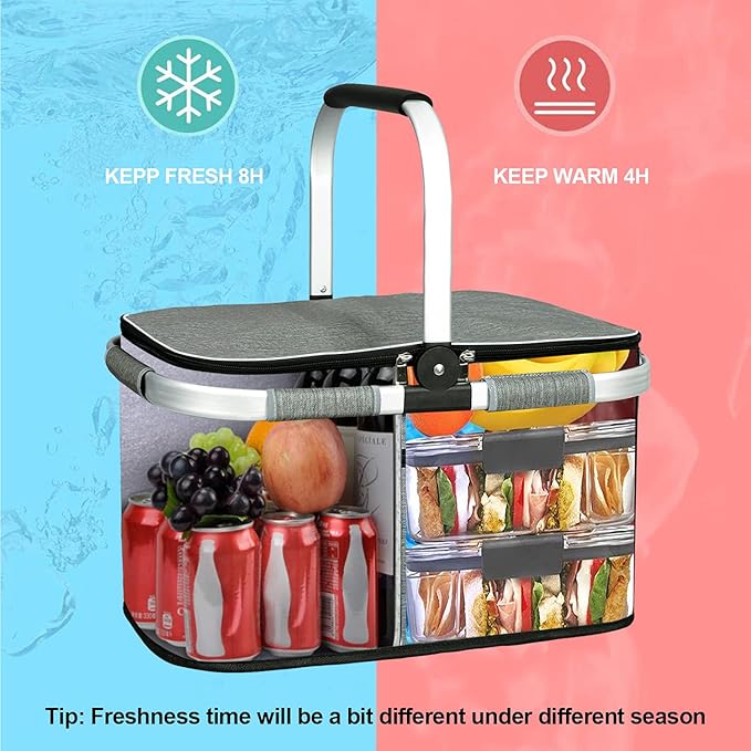 LIQING 35L Large Picnic Basket 2 Layers of Internal Pockets Leak-Proof and Insulated Folding with Internal Support for enhansed Stability Wedding Gifts for Couple(Grey)