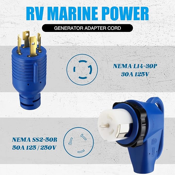 Kanayu 15FT NEMA L14-30P to SS2-50R RV Marine Power Generator Adapter Cord 30A 4 Prong Locking Generator L14-30P Male to 50A Marine Shore Power 90 Degree Right Angle SS2-50R Female ETL Listed