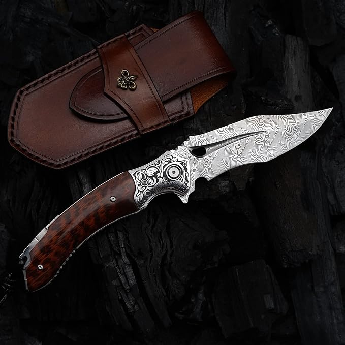 Japanese VG 10 Damascus Steel Folding Knife Outdoor Wilderness Survival Pocket Knife Snake Wood Handle Lined Lock Leather Sheath EDC Pocket Knife