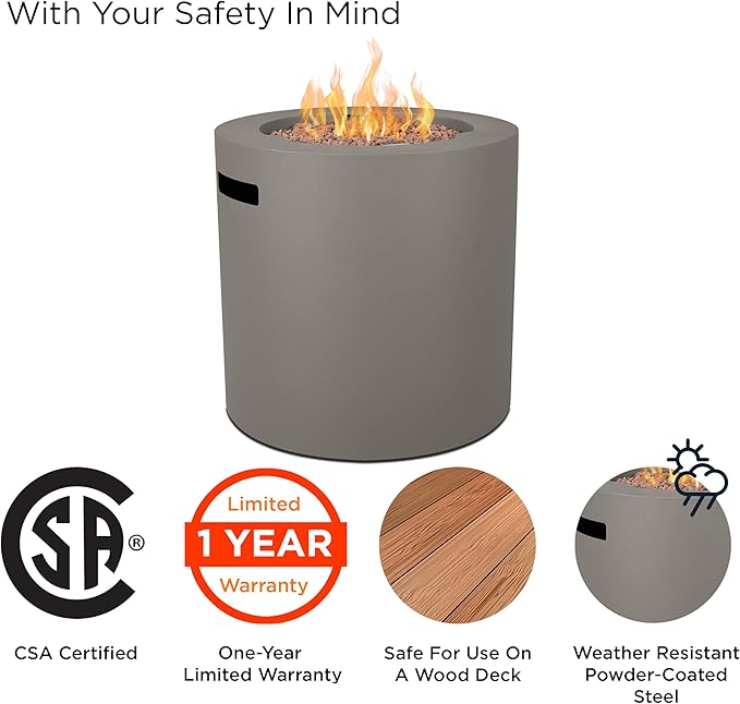 Real Flame Aegean 24 Round Propane Gas Fire Pit Table with Hidden Tank 50000 BTU Powder-Coated Steel Push-Button Ignition Lava Rock Storage Cover Stainless Steel Burner with Lid - Mist Gray