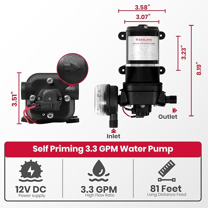 GASALND 12V DC Water Pressure Pump 3.3GPM 40PSI On Demand Diaphragm Pump Self-Priming Water Pump with Pressure Switch for Camper Marine RV Kitchen Bathroom and Gas Hot Water System
