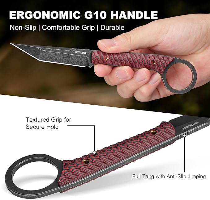 EDC Fixed Blade Knife with Finger Ring Full Tang Compact Knife with Sheath Red G10 Handle Horizontal &amp Vertical Carry Tactical Outdoor Survival Knife for Camping &amp Hunting