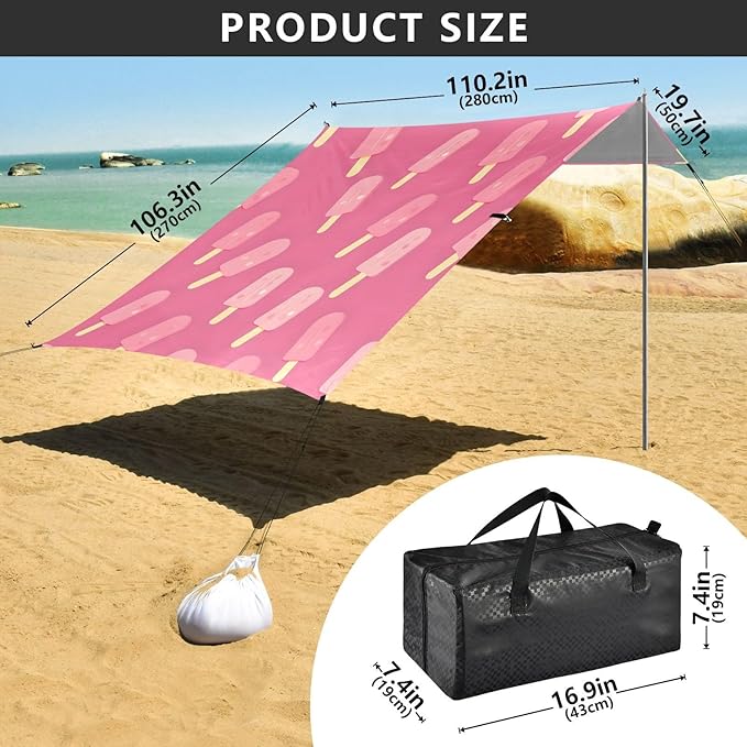 ALAZA Pink Ice Cream Pink Background Pattern Beach Tent Sun Shelter Portable Canopy Sunshade for Outdoor Camping Picnics Backyard Fun 10x9 ft