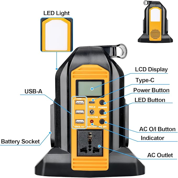YEX-BUR 350W Power Inverter for Dewalt 20v 60v Battery 4-Ports DC 20V to AC 120V Pure Sine Wave Inverter with 3 USB-A &amp 1 USB-C Port 300LM LED Light for Outdoor Activities(No Battery)