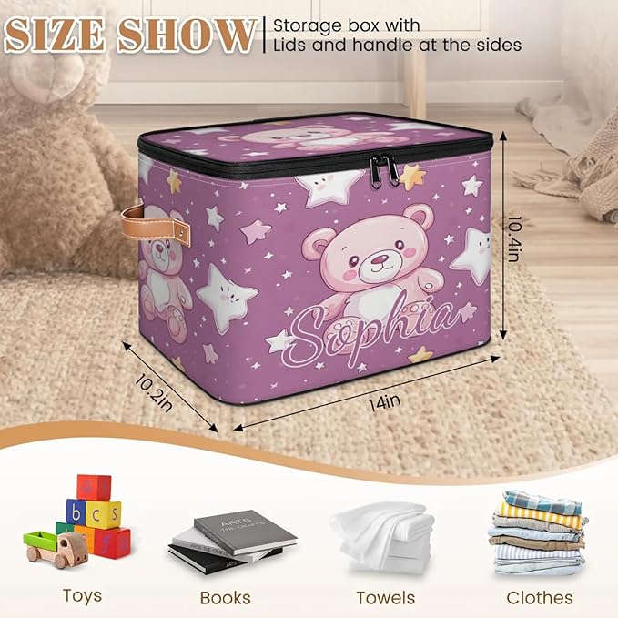 Custom Storage Basket with Name Personalized Storage Bins with Zipper Lid Foldable Fabric Storage Box Large capacity with Handle Star Pink Bear