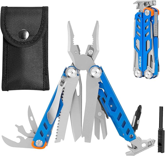 HANSHI Multitool Pliers 22-in-1 YG10 Tungsten Steel Multi Tool with ScissorsReplaceable Wire Cutters Flint Window Breaker Back ClipIdeal for Camping Survival and Gift(Blue)