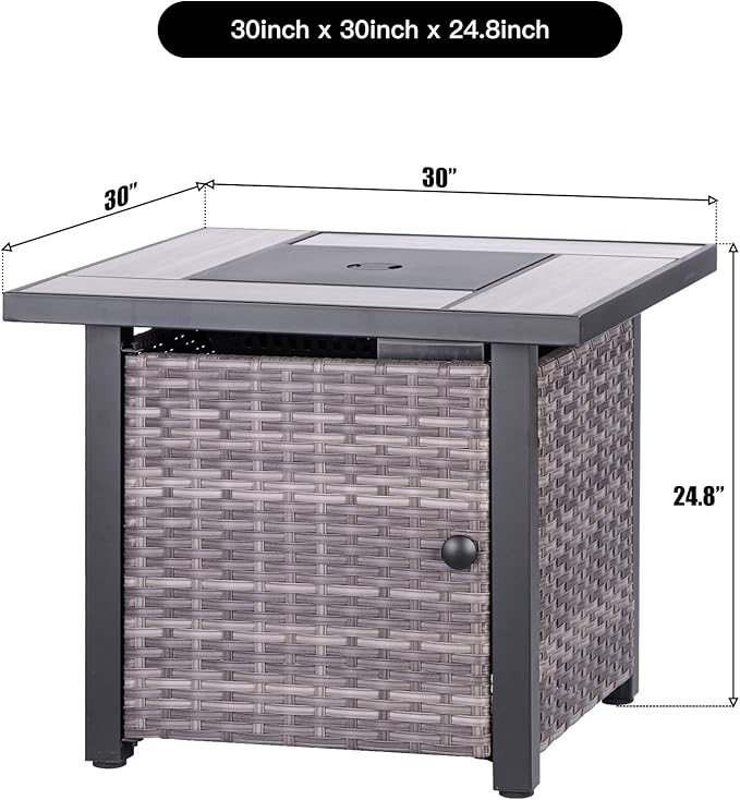 OutVue 30 Propane Fire Pit Table with Real Ceramic Tabletop &amp Ratten Side Panel 50000 BTU Gas Firepit Table with Lid &amp Glass Rock Outdoor Fire Pit for Dining or Party Firepit for Outside