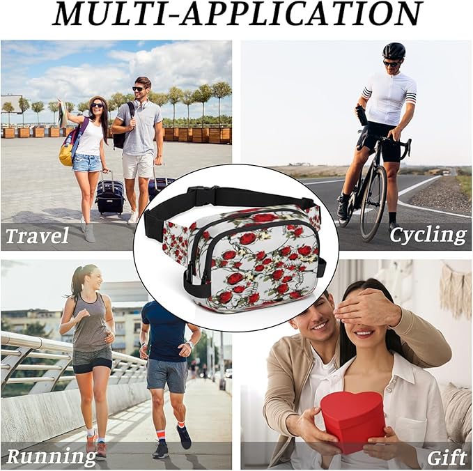 Rose Skulls Waterproof Fanny Pack for Women Men Adjustable Waist Bag with Double Zipper Pockets Lightweight Square Hip Pack for Running Travel Hiking Workout Cycling