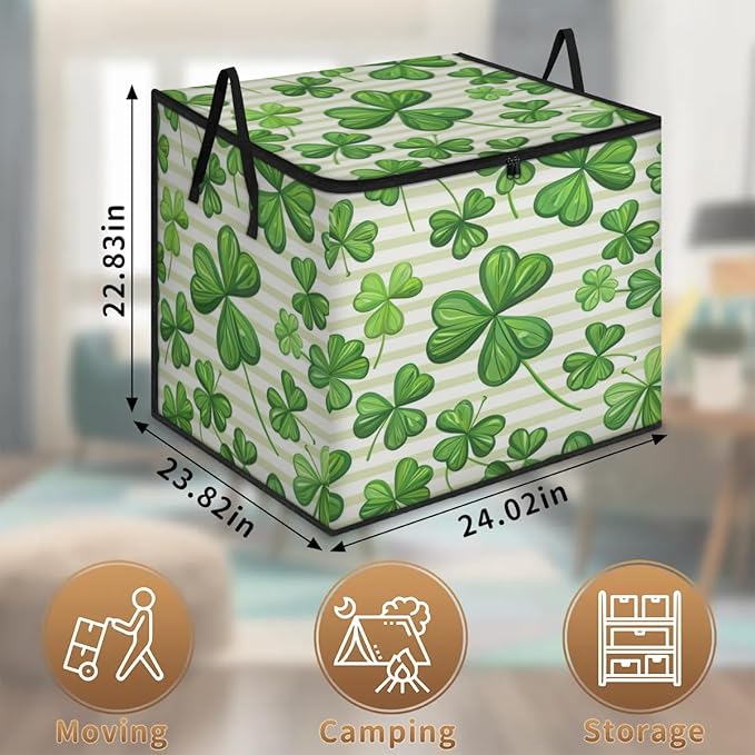 XL Large Clothes Storage with Lid Handle St.patrick's Day Large Thick Clothes Blanket Storage Containers for Organizing Bedroom Closet Comforter Clover Branches Green Leaves