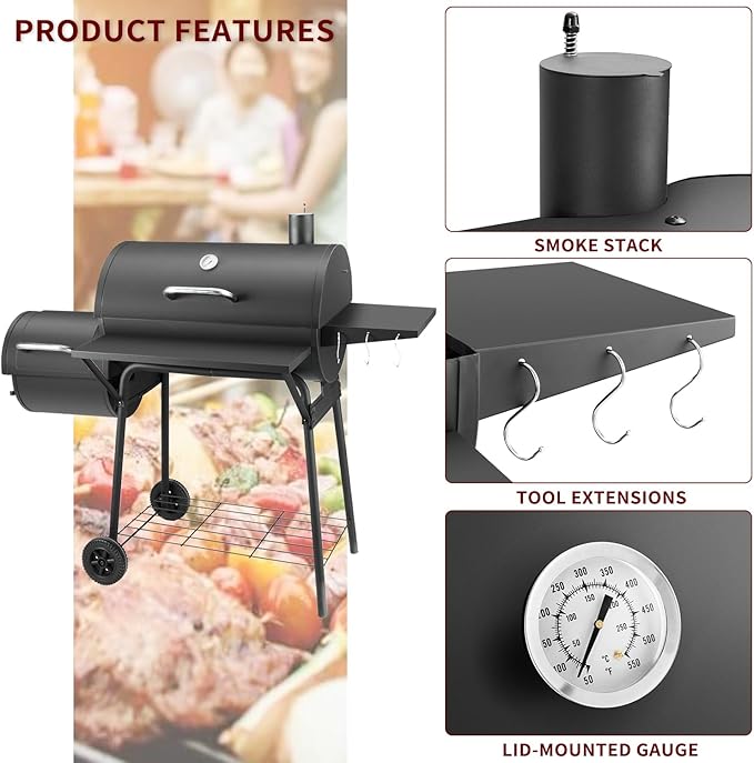 Charcoal Grill with Offset SmokerBBQ Grills with Side TableOutdoor Cooking with 714 Square InchesBackyard Camping Picnics Patio and Parties Black by DNKMOR