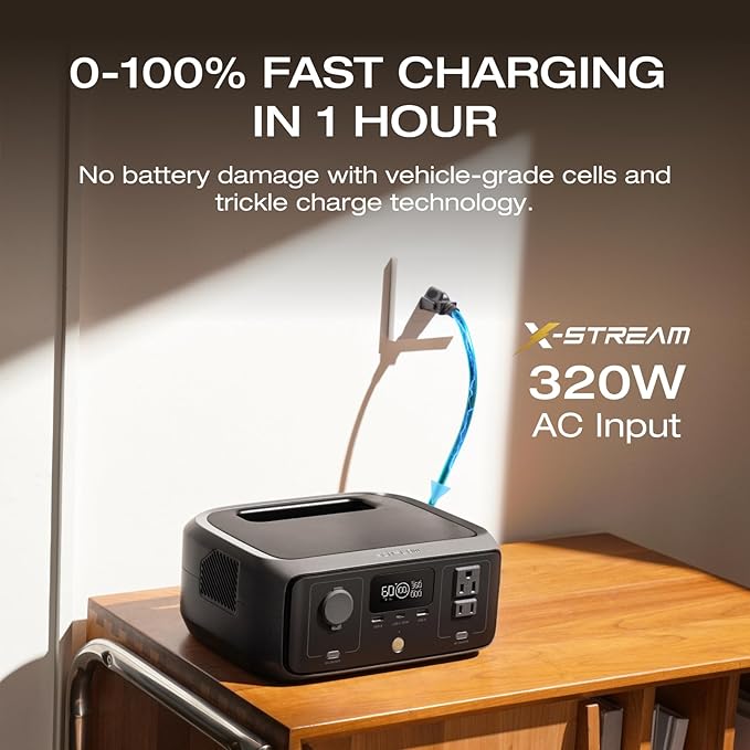 EF ECOFLOW Solar Generator RIVER 3 with 45W Solar Panel 245Wh Portable Power Station LiFePO4 Battery 300W Up to 600W AC Output &lt20 MS UPS 1Hr Fast Charging Power Station for Outdoor/Camping/RVs
