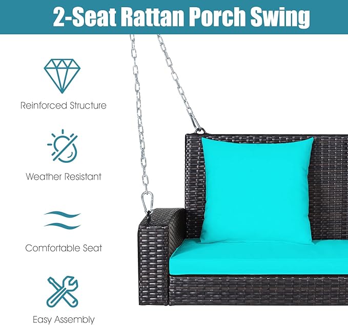 Tangkula 2-Person Wicker Hanging Porch Swing Patiojoy Outdoor Rattan Swing Bench W/ 2 Back Cushions &amp 1 Seat Cushion Sturdy Steel Chain 800lbs Weight Capacity Suitable for Deck Backyard Gard