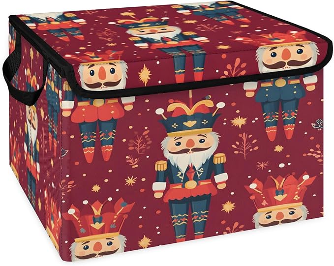Nutcrackers Storage Basket with Lid Christmas Foldable Storage Box Fabric Storage Bins with Carrying Handles for Home Bedroom Closet Organization