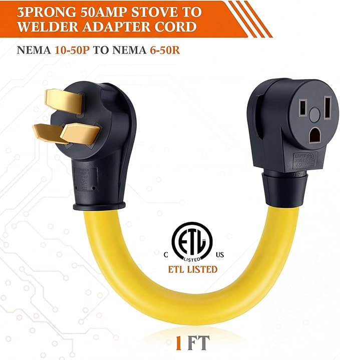 Kanayu 10-50P to 6-50R 50amp Welder Adapter Cord Compatible with NEMA 3 Prong Range Stove Oven to Welder Plasma Cutter Adapter with Ergonomic Handle Heavy Duty STW 8 AWG*3C 1ft ETL Listed