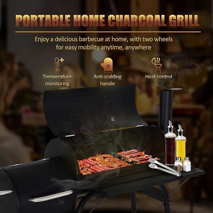 Charcoal Grills Outdoor BBQ Grill Offset Smoker with Wheels Side Fire Box Portable Barbecure Grill for Outdoor Cooking Backyard Camping PicnicsBlack
