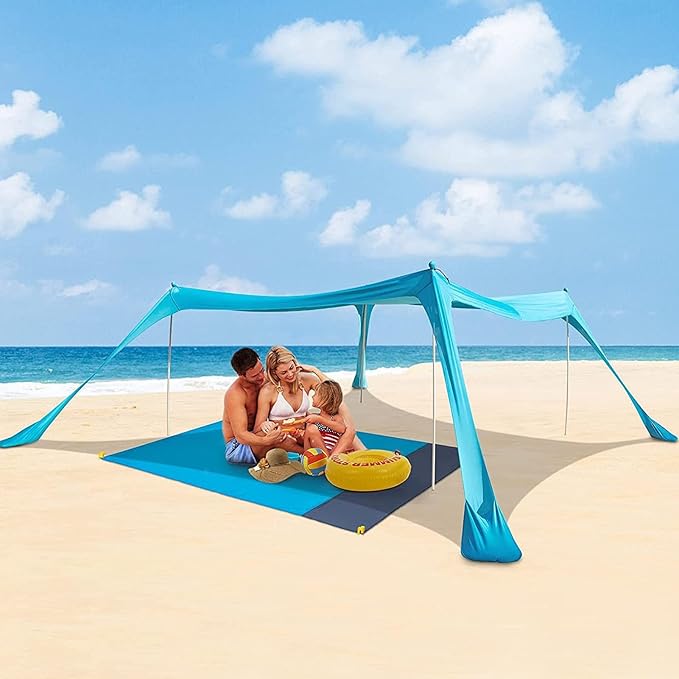Tall Beach Sun Shelter UPF50+ Stability Pop Up Tent for Camping Spacious &amp Versatile for Family Gatherings Blue Polyester with Iron Poles (Blue)