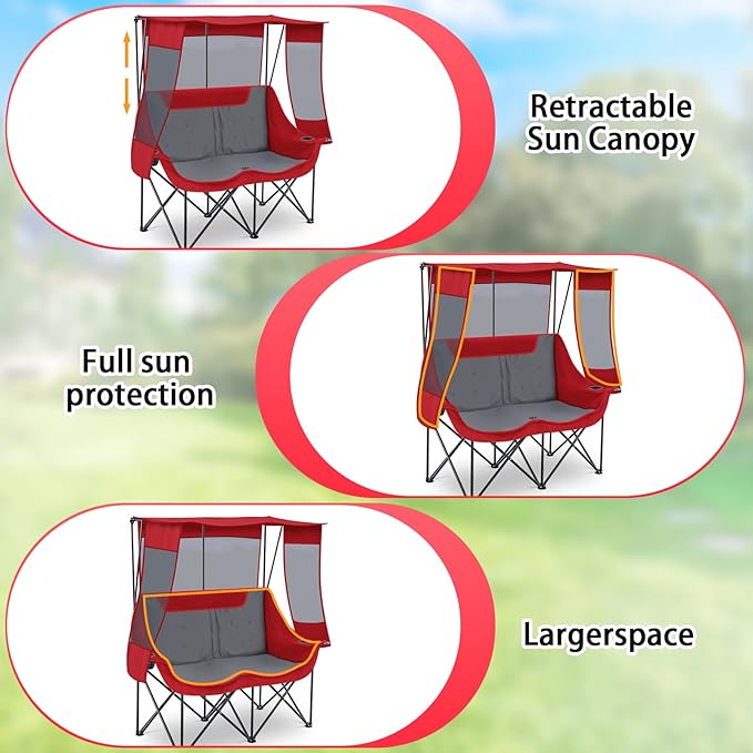 Teenyyou Double Camping Chair with Canopy Shade 660lbs Heavy Duty Beach Chair Portable Folding 2 Person Camping Loveseat with Cup Holder and Storage Bag for Lawn Beach Outdoor Sport(Red and Grey)