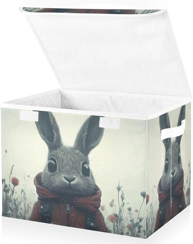 AIXIWAWA Lidded Storage Cube (Wild Bunny) Fabric Foldable Closet Bins with Flip Lid and Handles Organizer Basket Container 16.5 x 12.6 x 11.8 IN