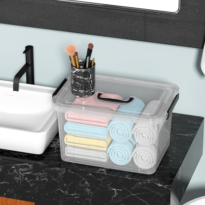 20 Quarts Stackable Plastic Storage Latches Box with Lid Clear Latching Storage Bin with Handle 4 Packs