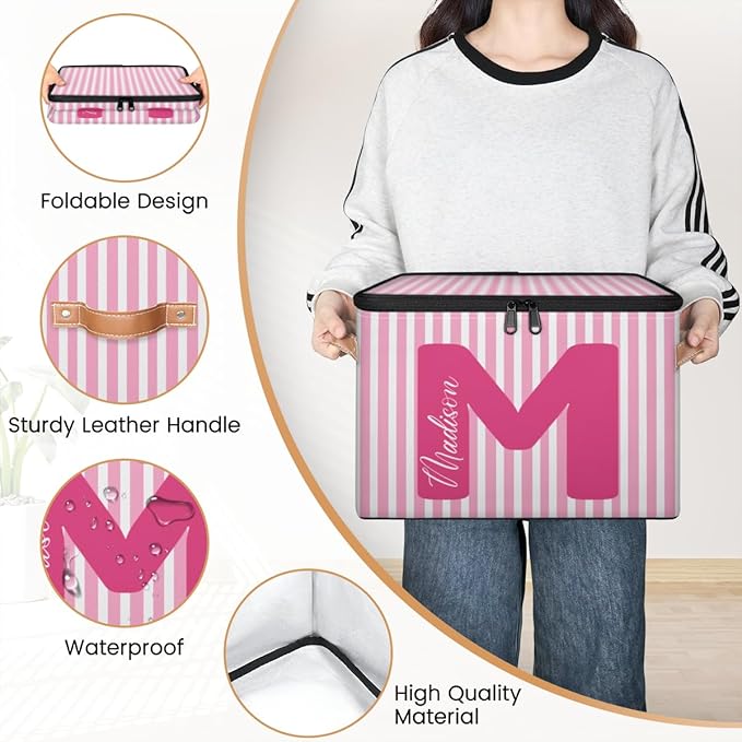 Custom Memory Storage-Bin for Kids Personalized Stripe Keepsake Storage Basket with Handle Lid Large CapacityFolable Fabric Box Decorative for Family