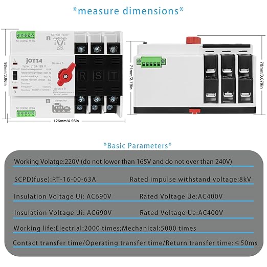 Dual Power Automatic Transfer Switch 3P 100A 220V PC Type Electrical Selector Switches 50/60Hz Mini ATS Auto/Manual Transfer Switches for Generator Uninterrupted Power Supply Matched Device