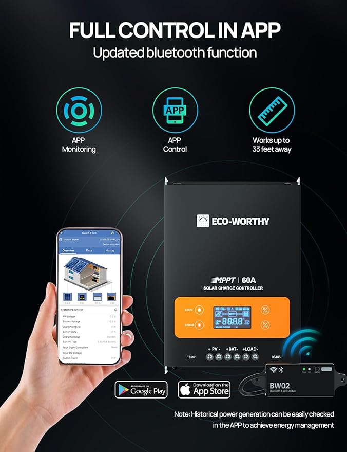 ECO-WORTHY 60A MPPT Solar Charge Controller with Bluetooth&ampWiFi Max PV Input 150V12/24/36/48V Solar Panel Regulator for Lead-Acid/Lifepo4 Battery in Solar System RV