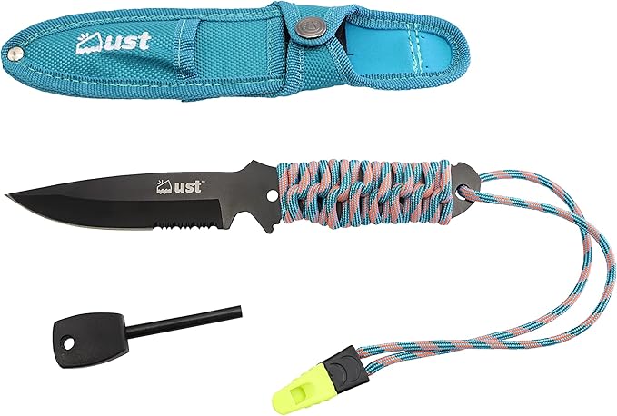 ust ParaKnife 4.0 PRO with 4 Inch Serrated Blade ParaTinder Utility Cord Fire Starter and Emergency Whistle for Hiking Backpacking Camping and Outdoor Survival Multi One Size (20-12238)
