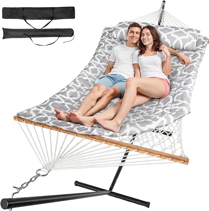 Everyfun 2 Person Outdoor Hammock with Stand Cotton Rope Hammock with Polyester Pad Adjustable Steel Frame Portable with Carrying Bag – for Patio Backyard Garden Beach White-Gray