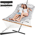 Everyfun 2 Person Outdoor Hammock with Stand Cotton Rope Hammock with Polyester Pad Adjustable Steel Frame Portable with Carrying Bag – for Patio Backyard Garden Beach White-Gray