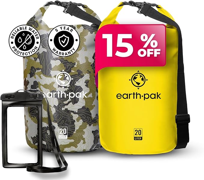 Earth Pak Waterproof Dry Bag - Roll Top Waterproof Backpack Sack (20L Camo &amp 20L Yellow)