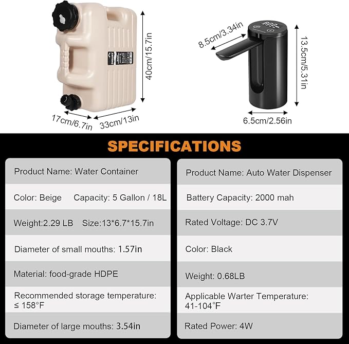 5 Gallon Water Jug with Electric Water Dispenser 2000mAh Automatic Type-C Rechargeable Water Pump BPA Free Camping Water Container Tank No Leakage