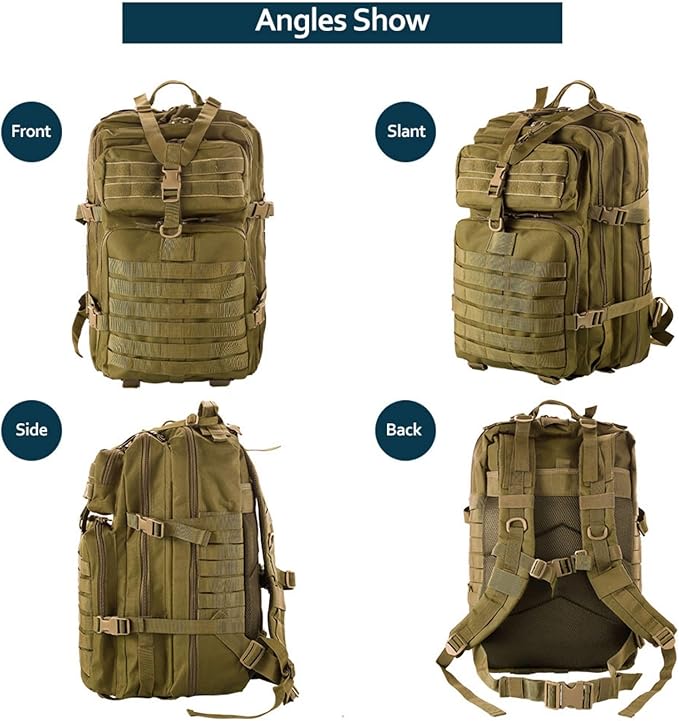 50L Sturdy Nylon Waterproof Fishing Hunting Backpack Outdoor Military Rucksacks Tactical Sports Camping Hiking Bags (Khaki)