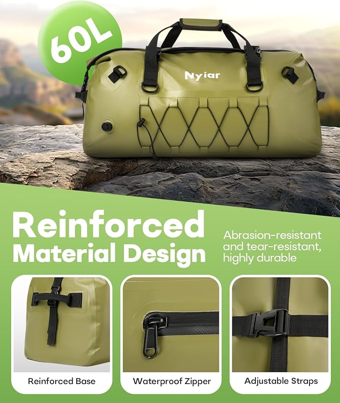 60L Waterproof Duffel Bag Motorcycle Dry Bag Backpack Heavy-Duty Roll-Top Waterproof Bag with Sealed Seams &amp Waterproof Zipper for Riding Kayaking Camping &amp Travel (Green)