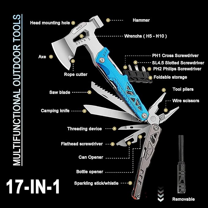 17-in-1 Multifunctional Outdoor Tool Axe with Hammer Plier wrenches utility knife saw bottle opener Multi-bit screwdrivers Great Gift for Men Dad Camping Survival Kit (Black)
