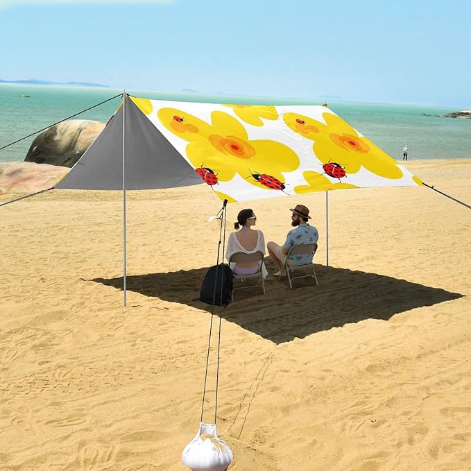 Beach Canopy with Windproof Ropes &amp Sandbags Beach Tent Sun Shade Sun Shelter for Camping Trips Fishing Backyard Fun or Picnics Flowers