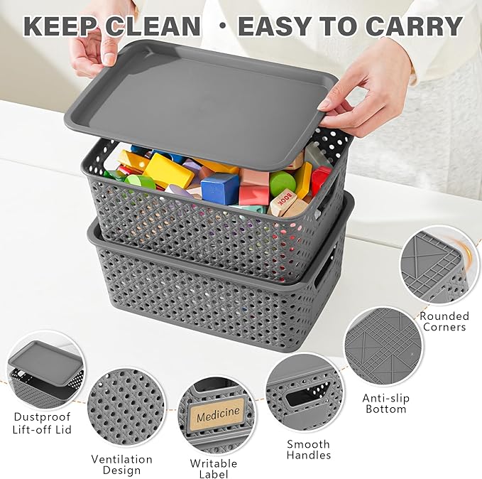 10 Pack Small Plastic Storage Bins with Lids Stackable Plastic Storage Baskets for Organizing with Handles Organizer Bins with Labels for RoomCraftContainers for Pantry Organizers and StorageGrey
