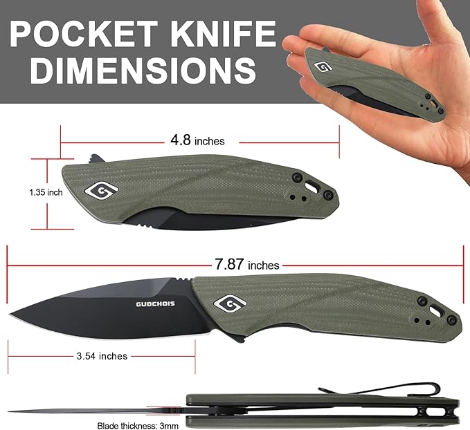 Folding Pocket Knife 3.54 D2 Steel Blade Durable G10 Handle with CNC Machined Grip Pocket Clip for Camping/Hiking/Hunting EDC