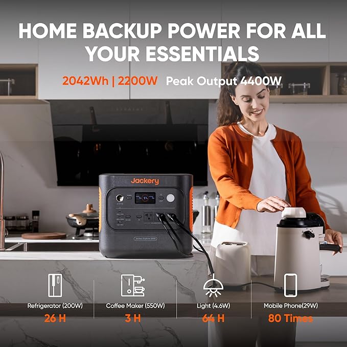 Jackery Solar Generator 2000 v2 with DC-DC Alternator Charger 2042Wh/2200W LiFePo4 Portable Power Station 20ms UPS Home Backup USB-C PD 100W Fast Charging for Power Outages Emergencies Camping