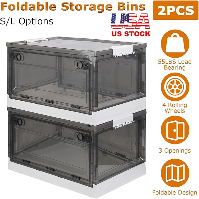 2-Pack Foldable Storage Bins with Double Doors and Wheels Stackable Box